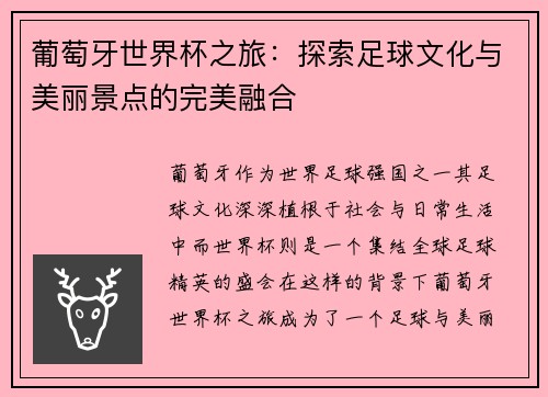 葡萄牙世界杯之旅：探索足球文化与美丽景点的完美融合